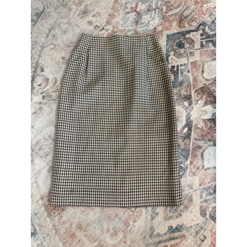 Gianni Sport Tan Multicolor Plaid Midi 100% Wool Pencil Skirt, Sz 8 - Picture 8 of 8